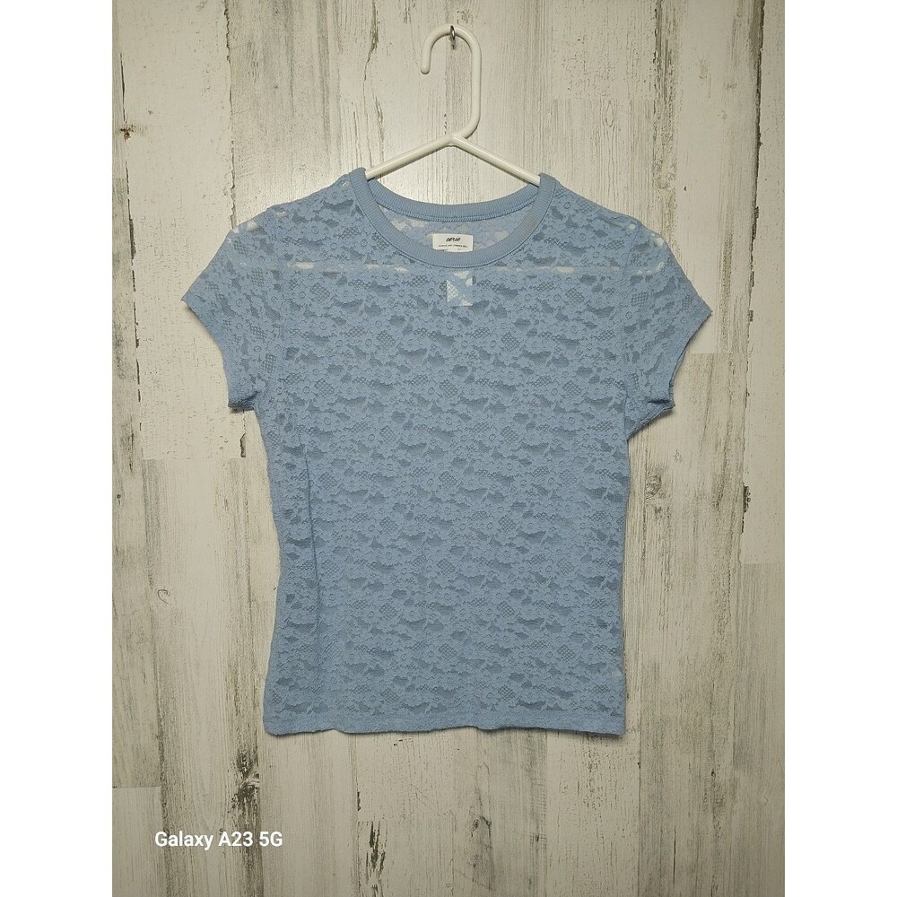 NWT Aerie Blue Floral Lace Vintage Short Slv T Shirt Sz XS Sheer Boho Girlycore
